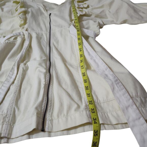 Free People Sz XL Imogene Cream Denim Mini Dress Ruffle Puff Sleeve Dolman - Picture 16 of 17